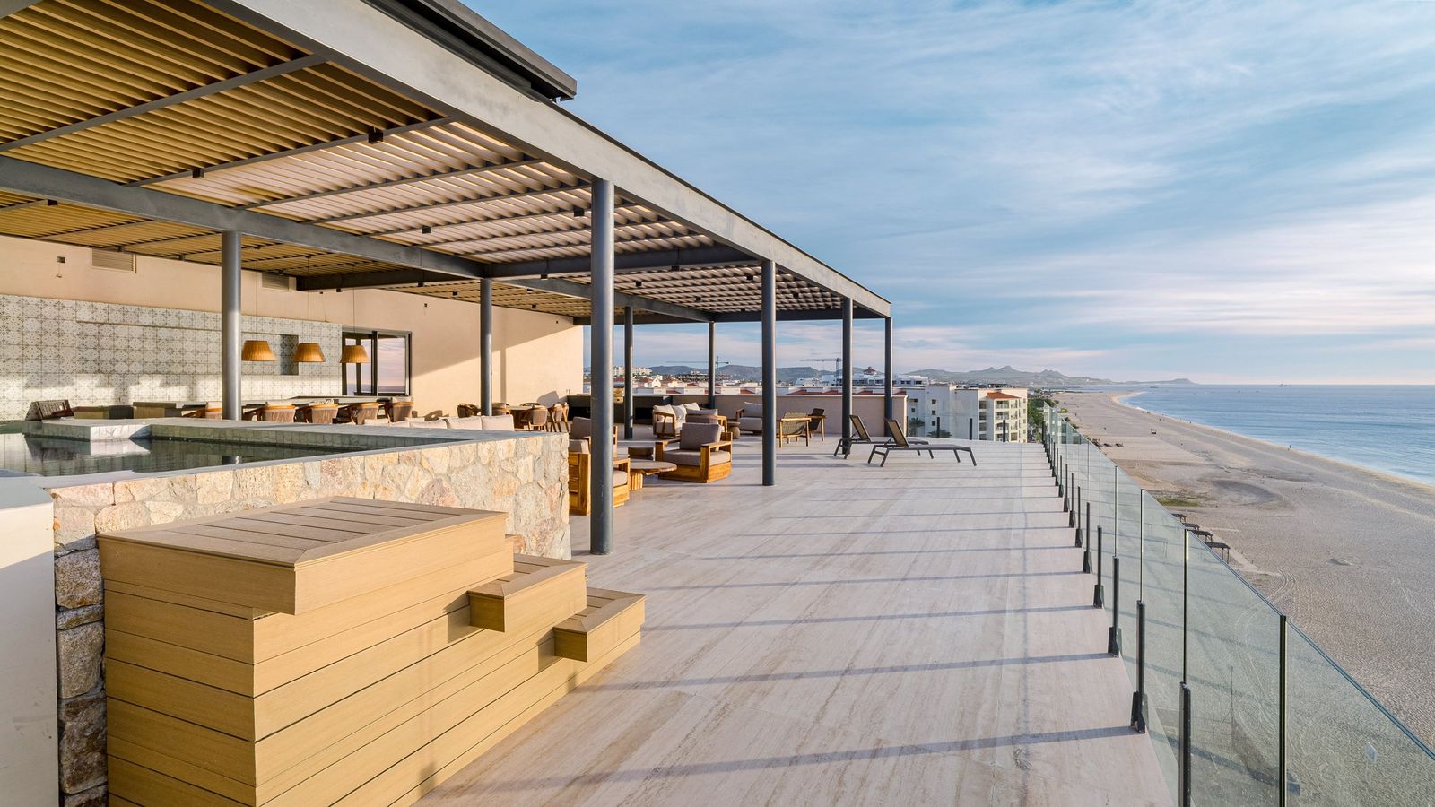 The rooftop terrace at EMMA overlooking the beach