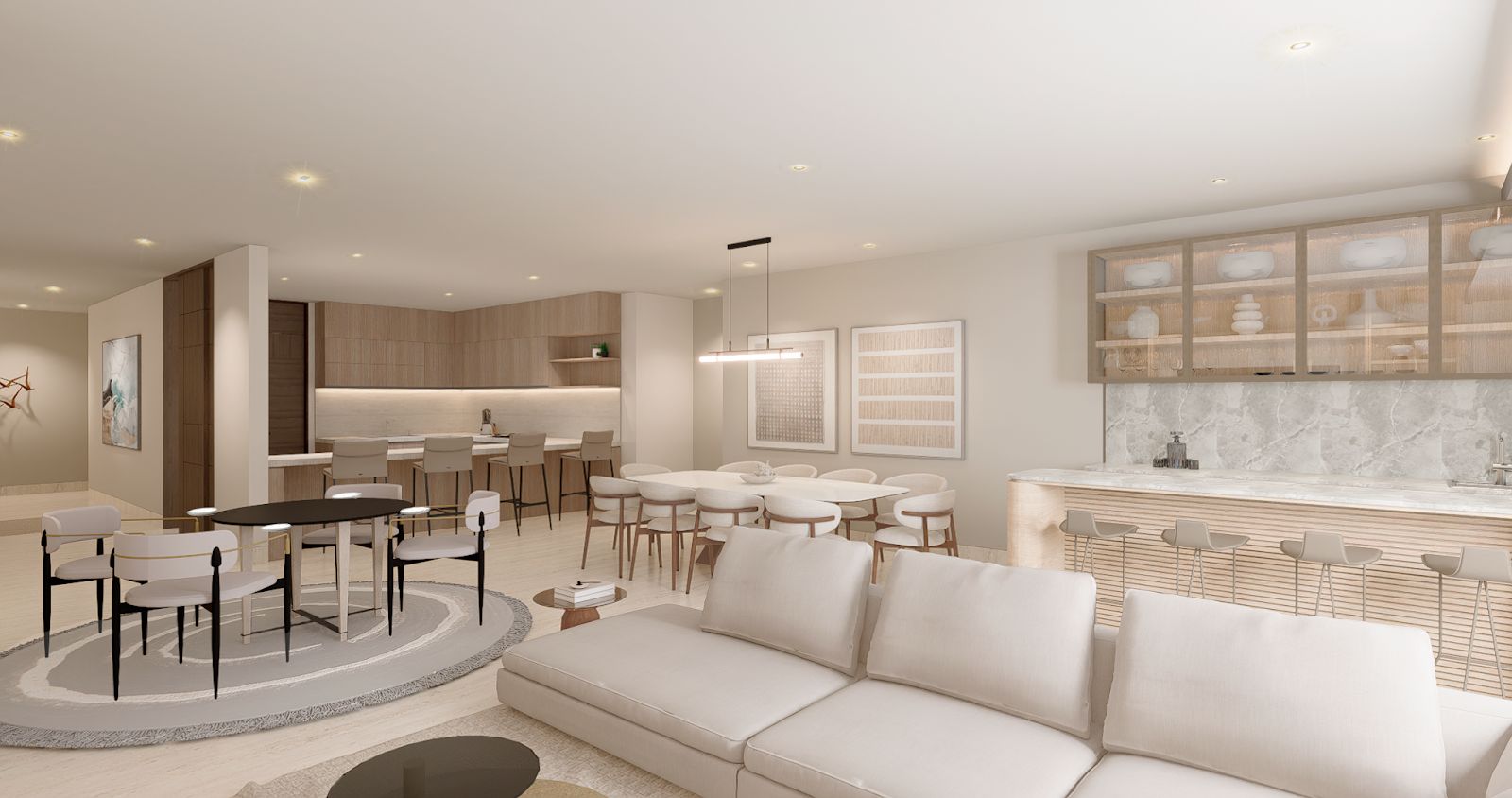 Kitchen and family room, furnished rendering